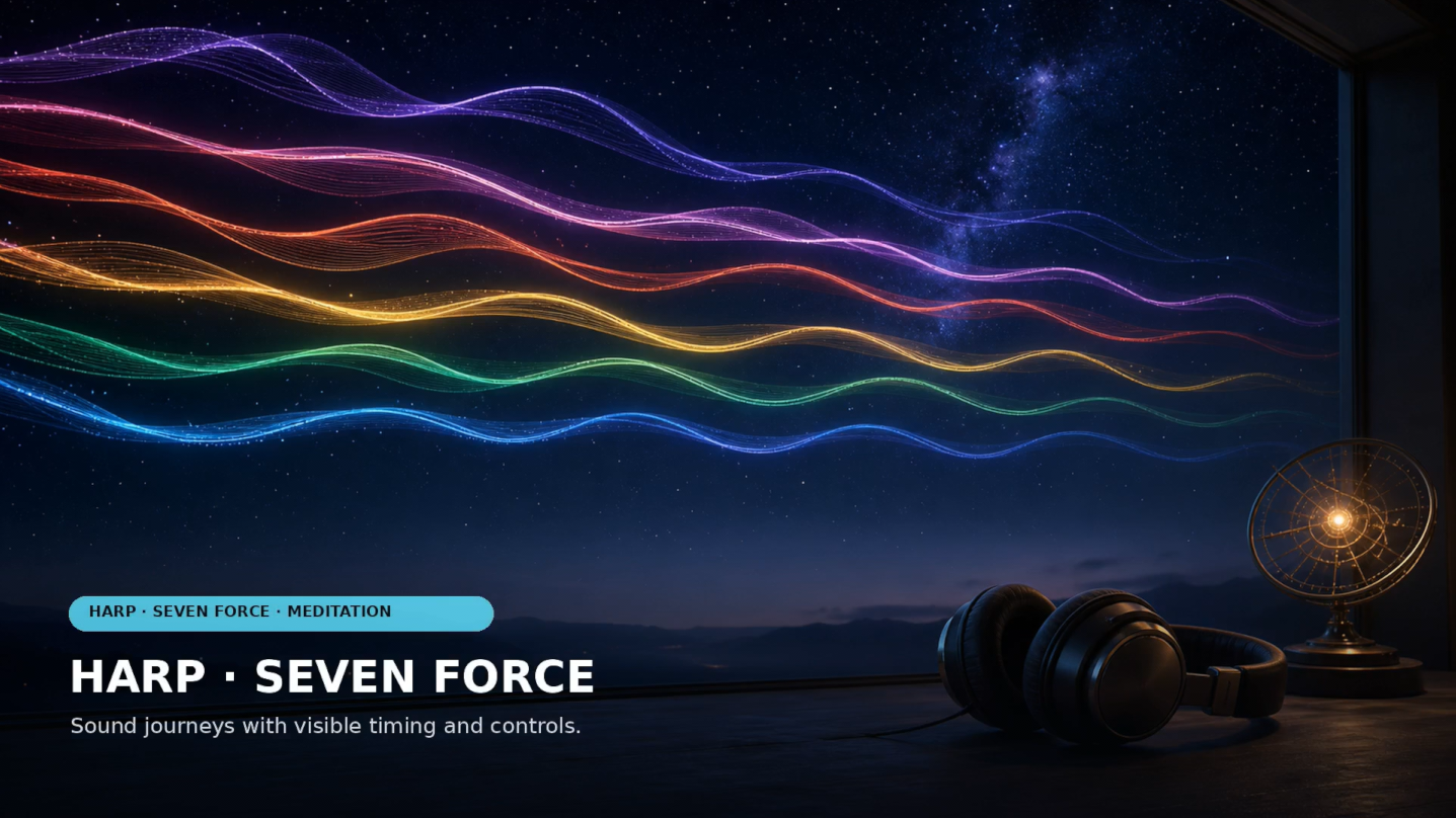 Horoscorpio HARP and Seven Force meditation preview with coloured sound lines and headphones